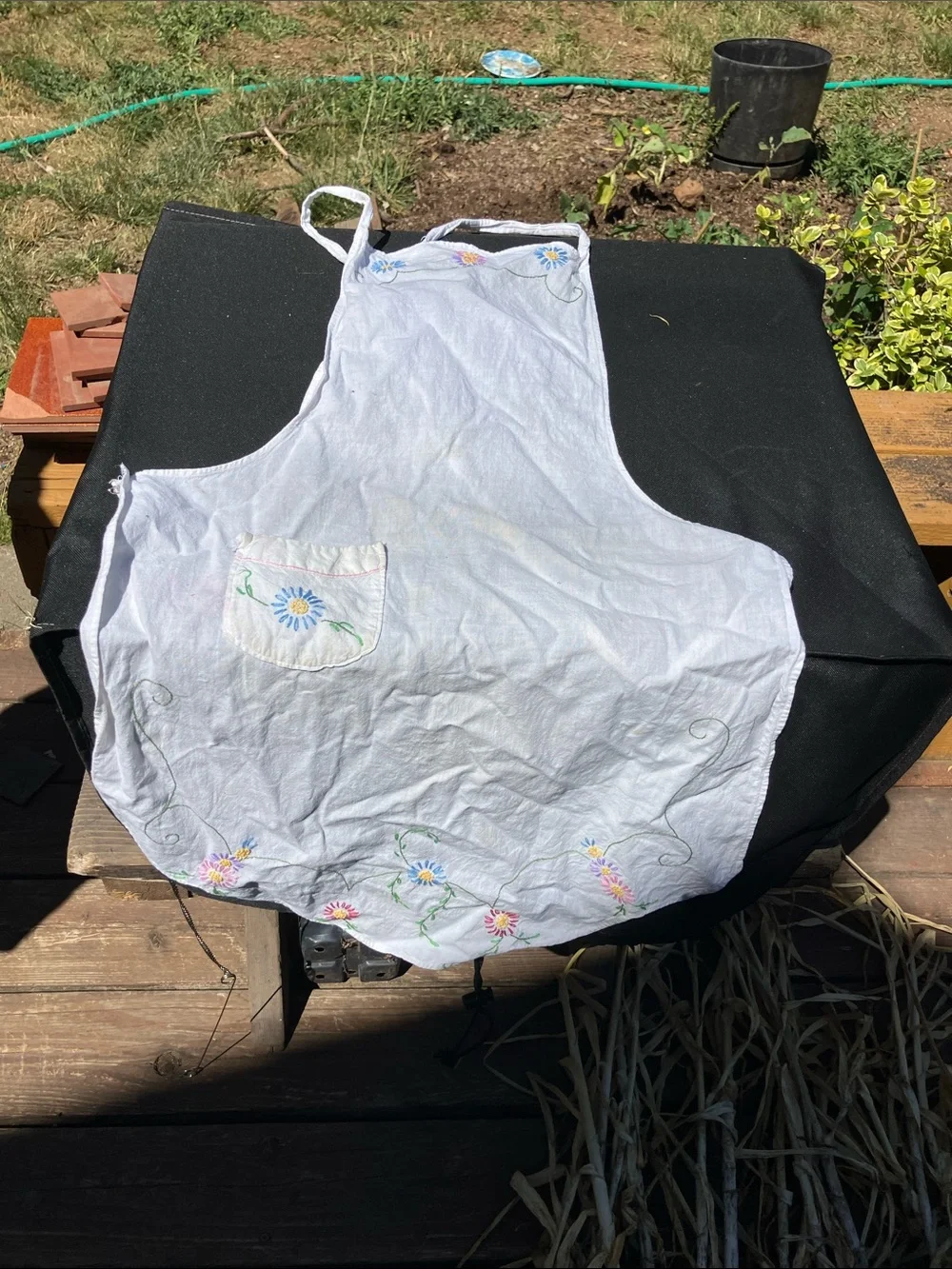 Vintage cotton hand, embroidered apron white with flowers